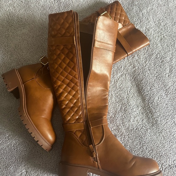 Shoes - Knew High faux leather boots with cross cross stitch and buckles